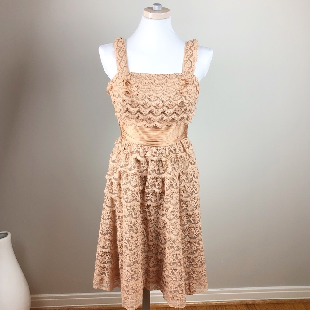 Vintage 40s 50s Tiered Lace Dress with Satin Sash